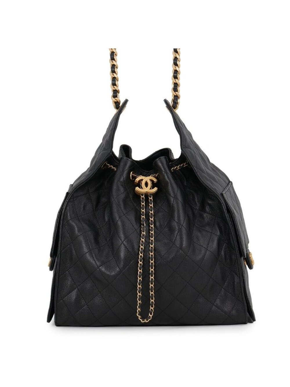 Chanel Chain Shoulder Bag 25 Medium CC Logo Quilted Caviar Leather Black
